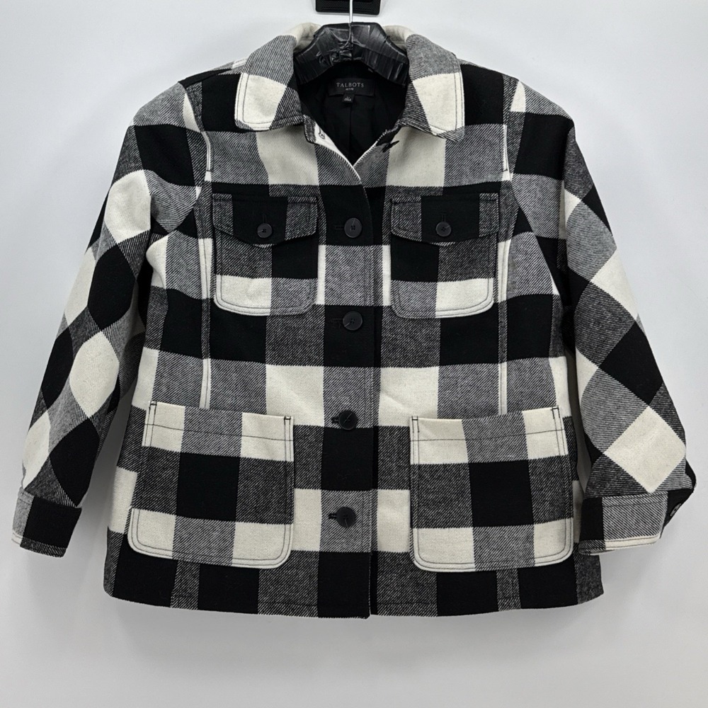 Talbots Black White Check Barn Jacket Women's Petite Large Wool Blend